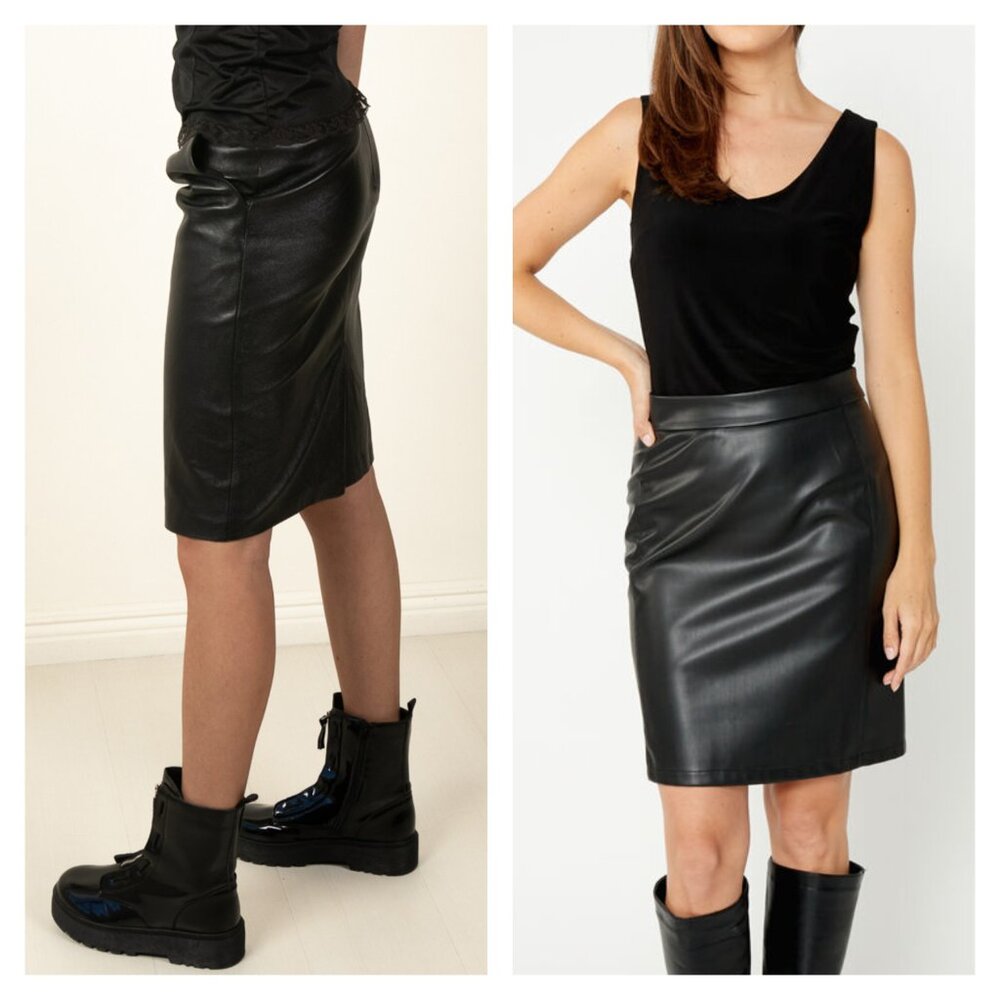 Vintage New Touch LA 100% Leather Pencil Skirt Black Classic Party Office